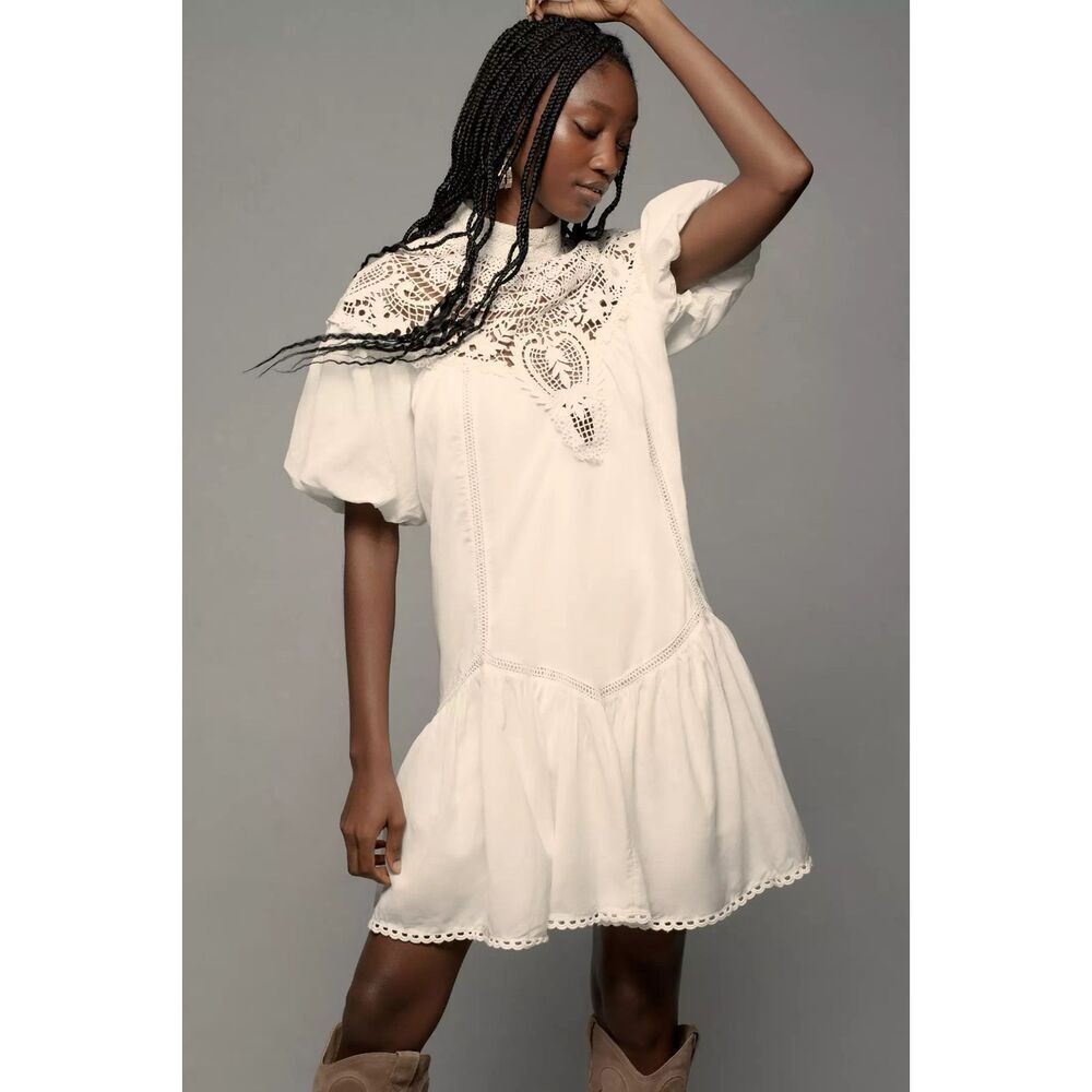 Anthropologie Mock-Neck Lace White Tunic Mini Dress S Small NEW